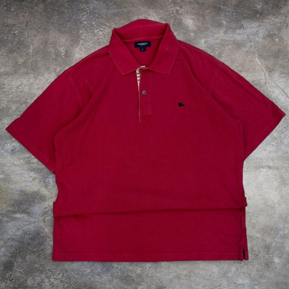 Burberry London Red Burgundy Polo Shirt Plaid Accent Men's Large Preppy Academia